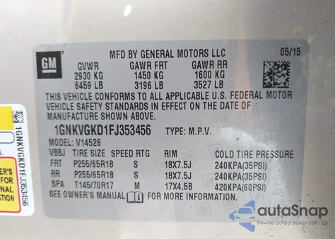 2015 Chevrolet Traverse 1Lt из США, поврежденный, VIN 1GNKVGKD1FJ353456